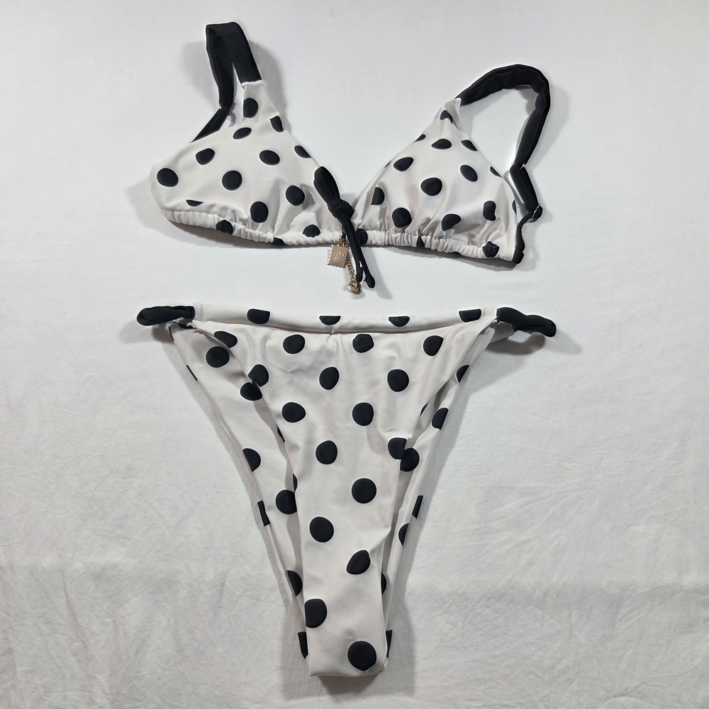 Polka Dot Two-Piece Swim Bikini High Rise Feminine Padded White & Black Large